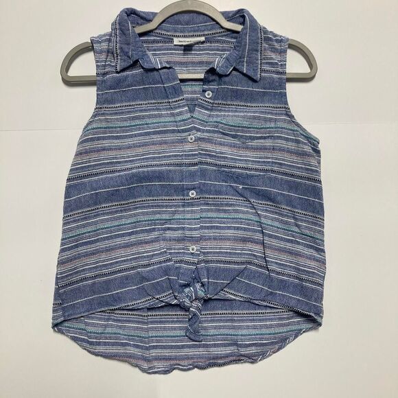 Beachlunchlounge 100% Cotton Striped Sleeveless Button Down Shirt Tie Front - Picture 1 of 8